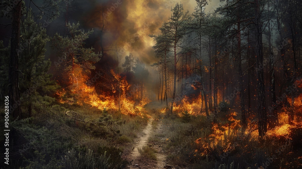 Obraz premium A forest trail is completely surrounded by intense flames and smoke, creating a dramatic and dangerous environment in the woods