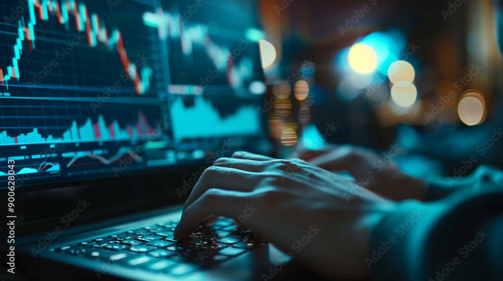 Closeup hand using computer monitoring stock prices investment Closeup hand using computer monitoring stock prices investment
