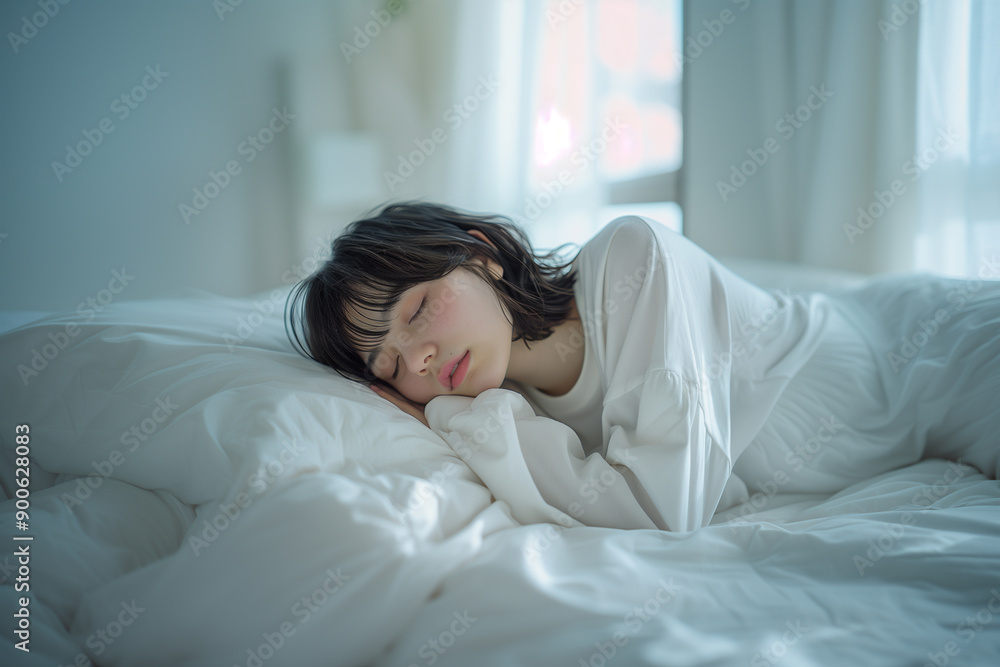 若いアジア人女性がベッドで眠る。上半身。ビューティーポートレート。AI生成画像 若いアジア人女性がベッドで眠る。上半身。ビューティーポートレート。AI生成画像