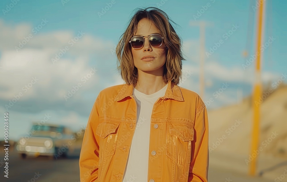 Woman in Orange Jacket and Sunglasses Outdoors Woman in Orange Jacket and Sunglasses Outdoors