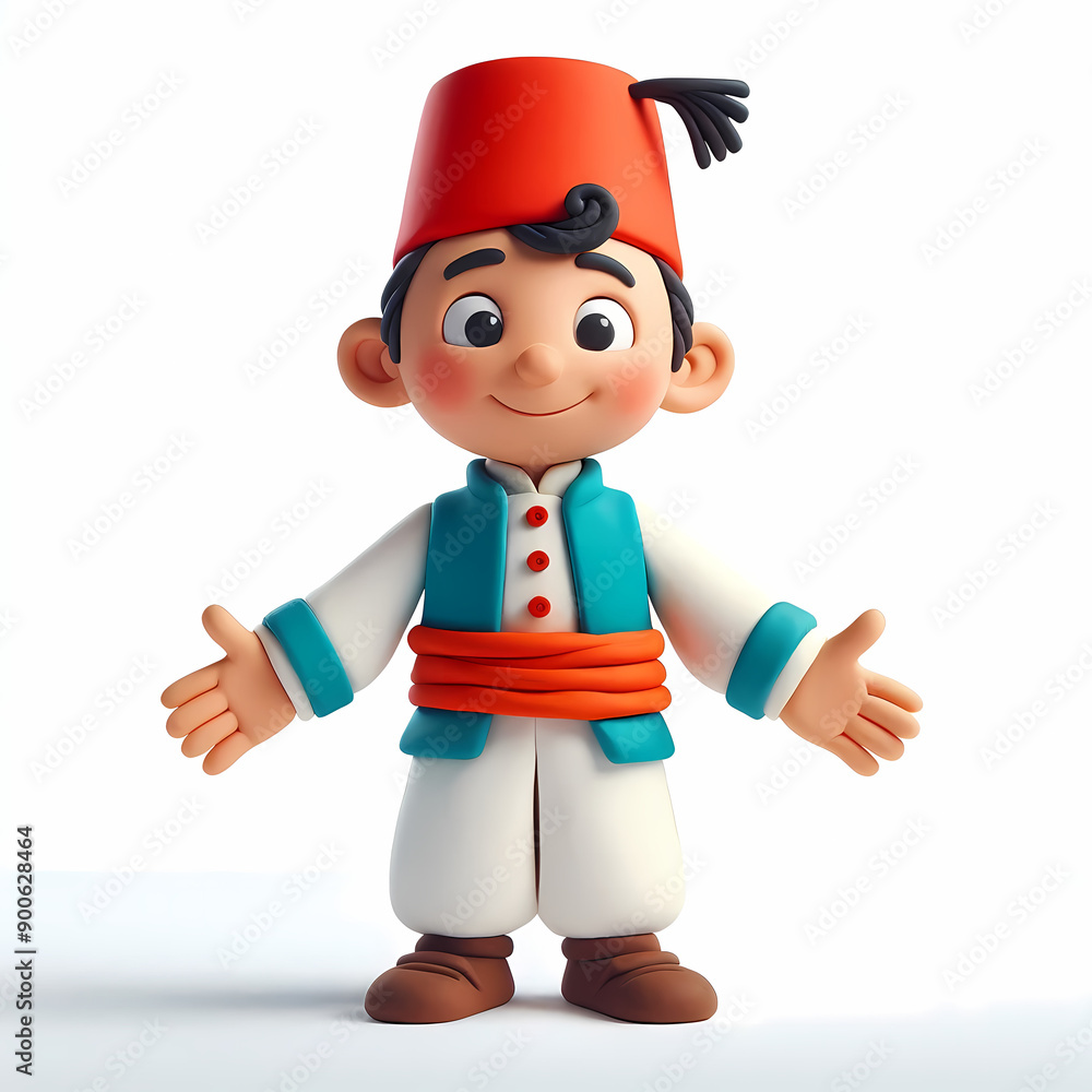 Turkey Cultural Character Boy in Red Fez and Traditional Outfit 3D Digital Illustration for Children's Books Ottoman-Inspired Clothing Representation Welcoming Turkey Cultural Character Boy in Red Fez and Traditional Outfit 3D Digital Illustration for Children's Books Ottoman-Inspired Clothing Representation Welcoming