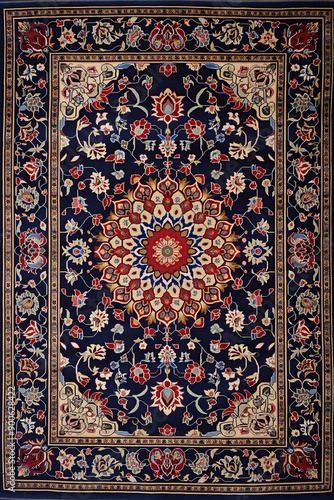 pattern of persian carpet, traditional floral shapes in black white red and beige colors, silk knoting, fine wool, muslim motifs, arabesque design, photorealistic // ai-generated