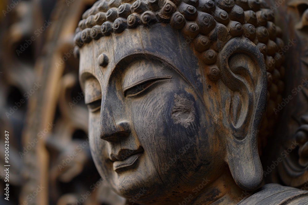 Detailed close-up of a peaceful wooden buddha sculpture, showing intricate artistry Detailed close-up of a peaceful wooden buddha sculpture, showing intricate artistry