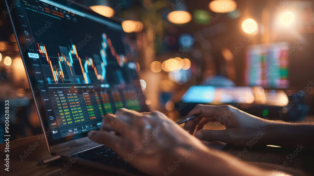Closeup hand using computer monitoring stock prices investment Closeup hand using computer monitoring stock prices investment