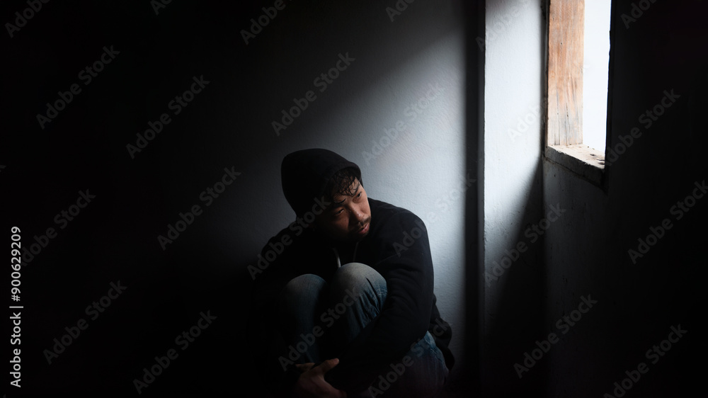 adult man junkie Sitting blankly in a dark room near the window with depression and feelings of fear adult man junkie Sitting blankly in a dark room near the window with depression and feelings of fear