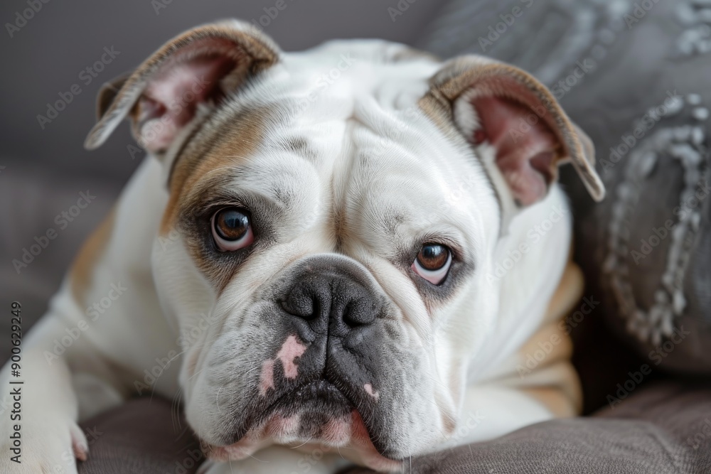 Close-up of a calm bulldog with expressive eyes resting indoors Close-up of a calm bulldog with expressive eyes resting indoors