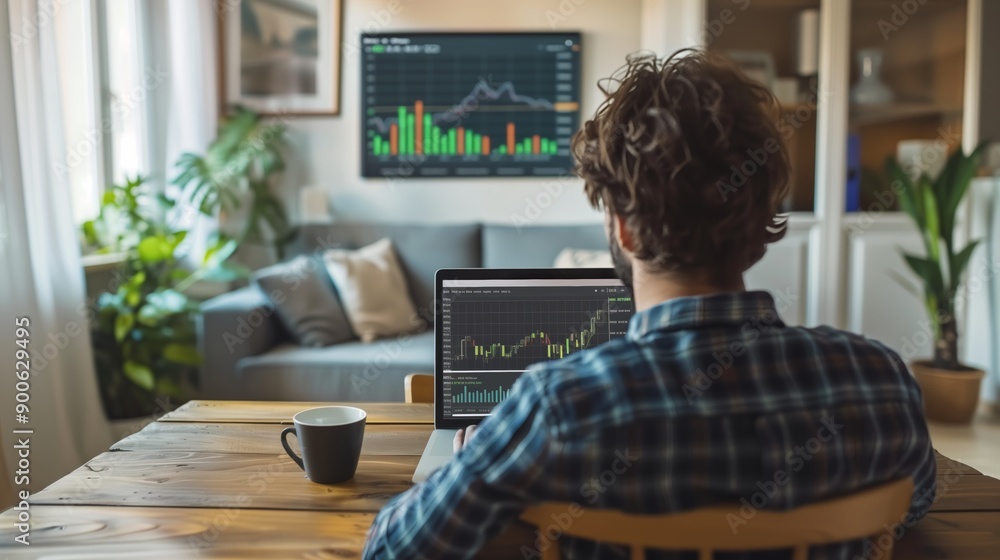 Home Office Man Analyzing Financial Data on Laptop Home Office Man Analyzing Financial Data on Laptop