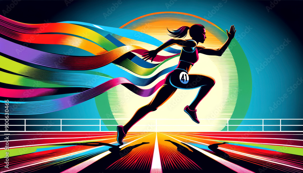 Female Athlete Running on a Colorful Track at Sunset Female Athlete Running on a Colorful Track at Sunset