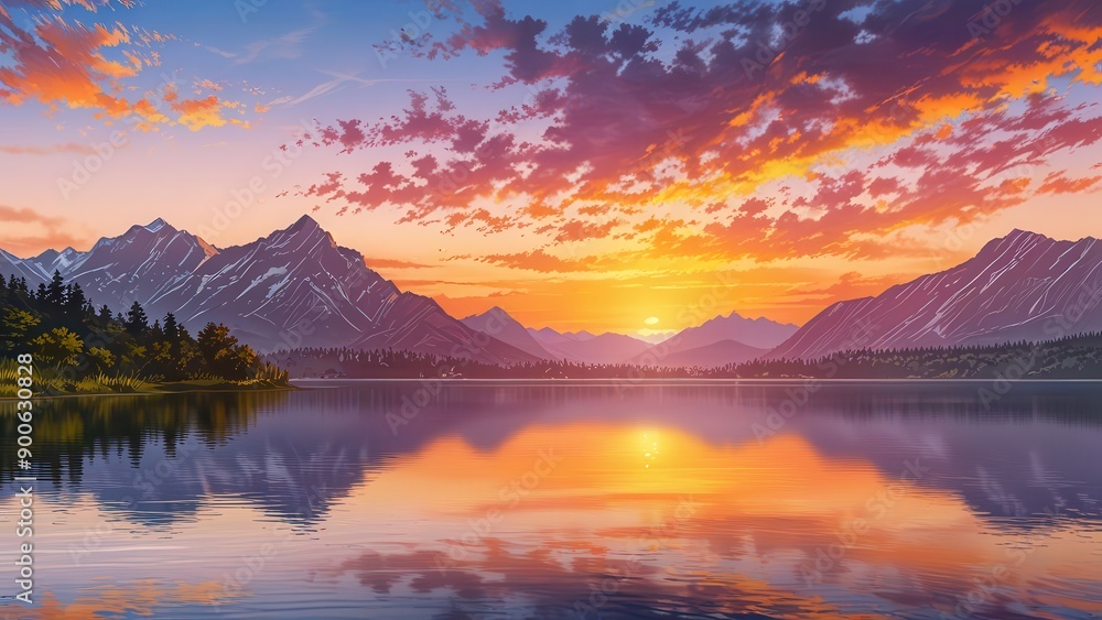 Fototapeta premium Sunset Landscape Illustration with Lake and Mountains