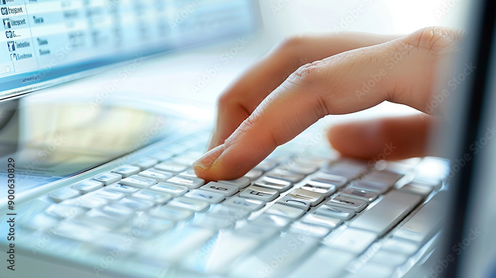 Closeup hand using computer preparing invoices billing