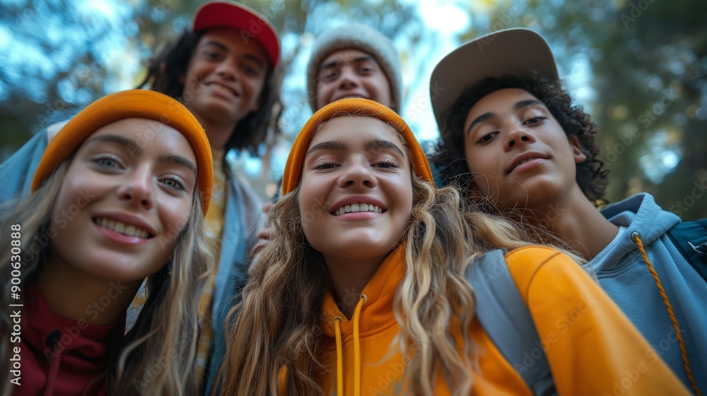 Group of smiling friends outdoors, enjoying a hike. The teenagers are wearing beanies and hoodies. Group of smiling friends outdoors, enjoying a hike. The teenagers are wearing beanies and hoodies.