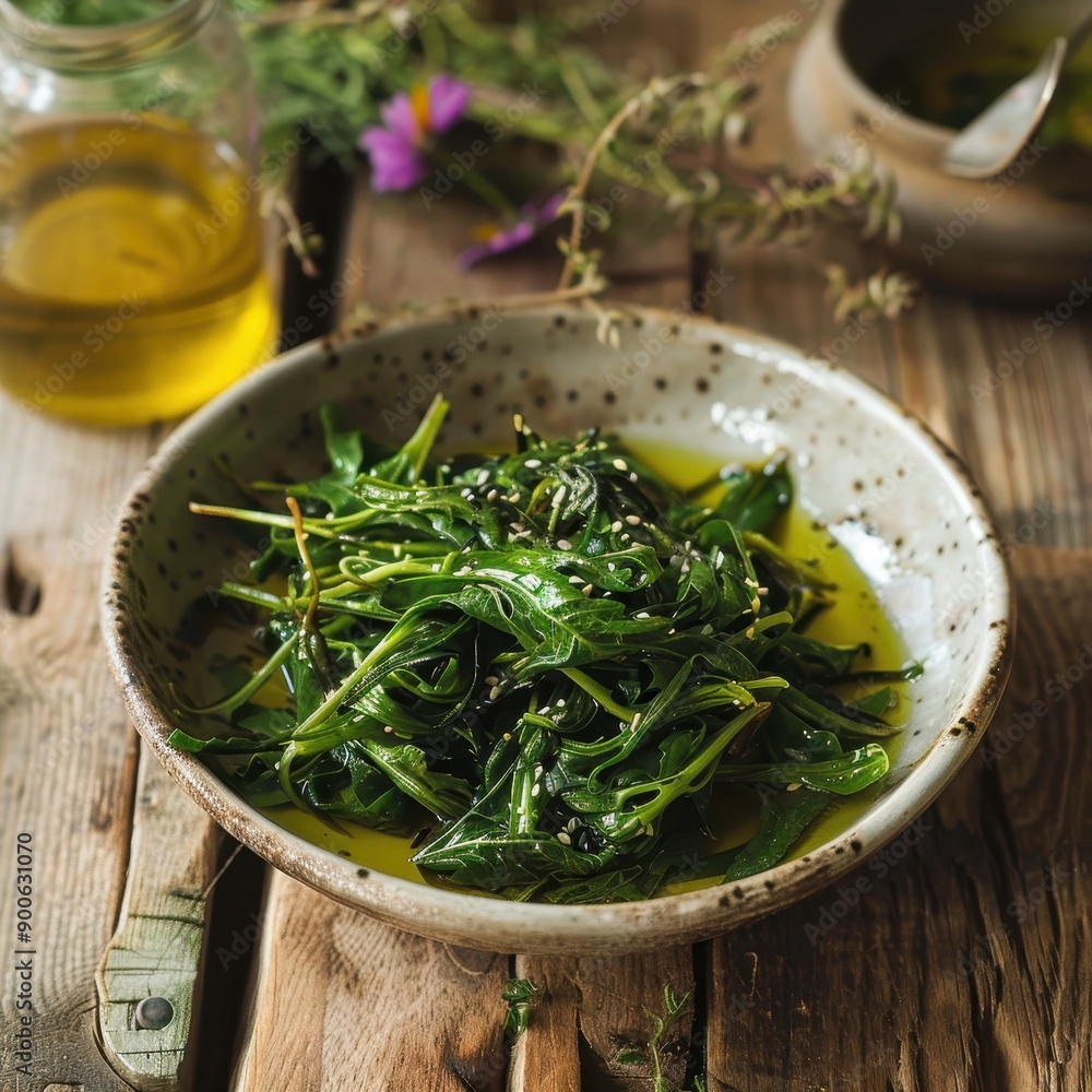 A bowl of horta, steamed wild greens dressed with olive oil and lemon juice, served on a rustic wooden table A bowl of horta, steamed wild greens dressed with olive oil and lemon juice, served on a rustic wooden table
