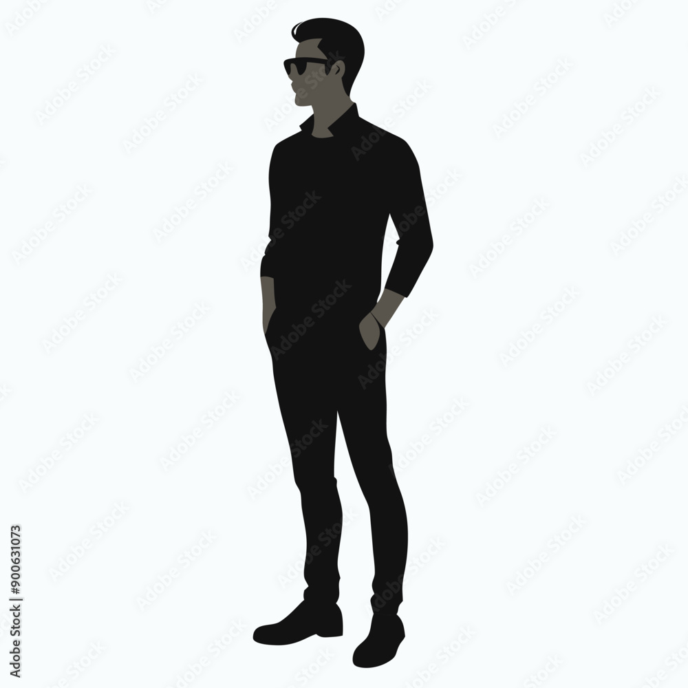 Obraz premium jeans fashion man stand with wear sunglass and stylish pose vector silhouette,