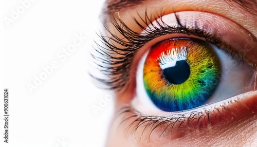 Vibrant Eye With Rainbow Colors, Close-up of a colorful rainbow woman eye, gay LGBTQ pride.
