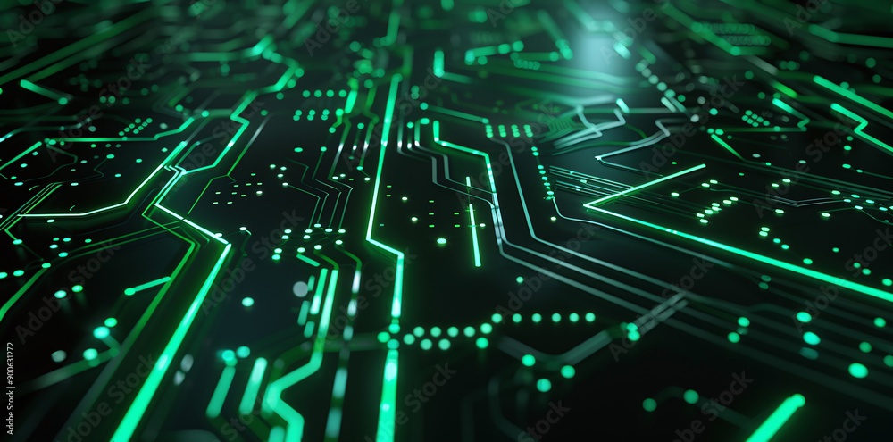 Digital Circuit Board with Glowing Green Lights Digital Circuit Board with Glowing Green Lights