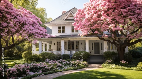 A White House Adorned with Pink Blossoms
