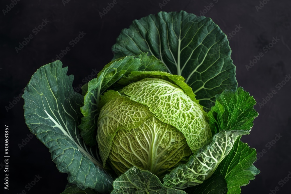 Fototapeta premium Vibrant, organic savoy cabbage with lush leaves against a dark backdrop