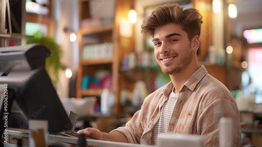 Smiling Young Male Cashier Working at Checkout Counter in Modern Store Smiling Young Male Cashier Working at Checkout Counter in Modern Store