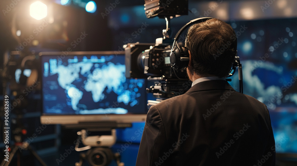 News reporter explaining space exploration news in studio news News reporter explaining space exploration news in studio news