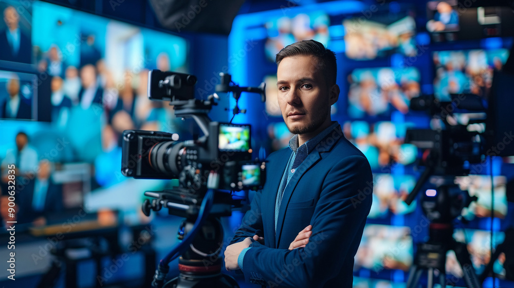 News reporter narrating historical events in studio news News reporter narrating historical events in studio news