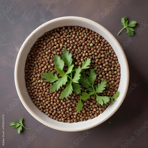 A ceramic bowl showcasing the contrast between the warm brown tones of the dried coriander seeds and the vibrant green of the fresh coriander leaves