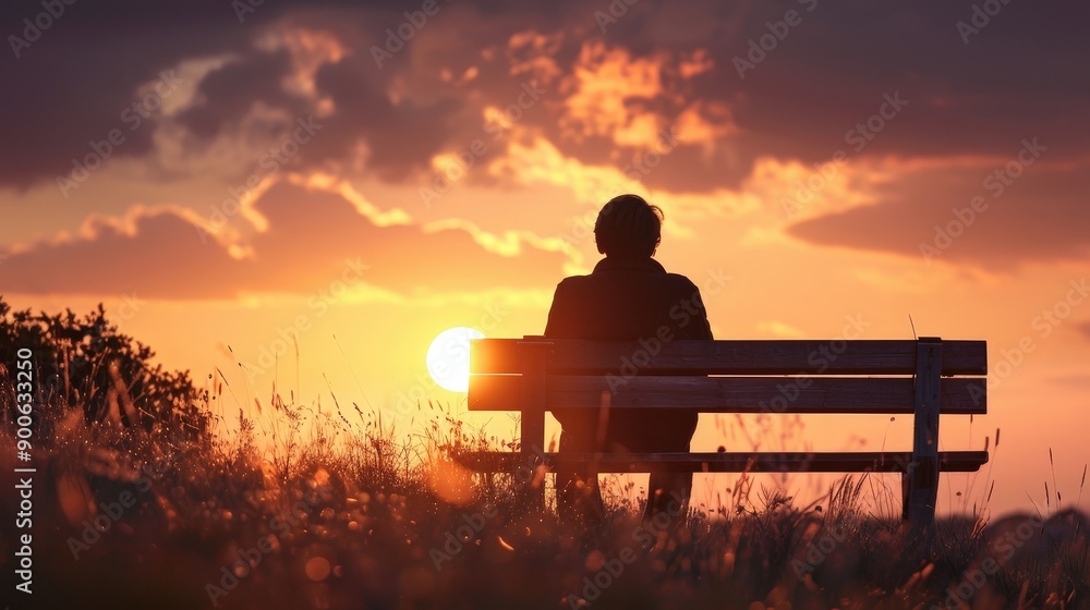 A person reflects quietly while sitting on a bench as the sun sets, casting warm golden hues across the sky and surrounding landscape