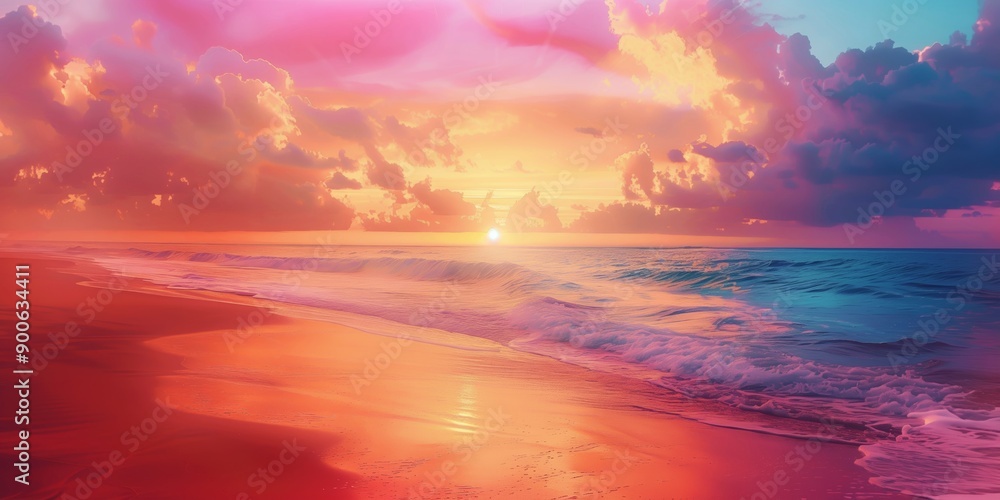 Beautiful untouched beach at sunset with a colorful sky and gentle waves
Beautiful untouched beach at sunset with a colorful sky and gentle waves
