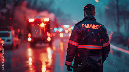 A paramedic at night in the city, responding to an emergency. photo