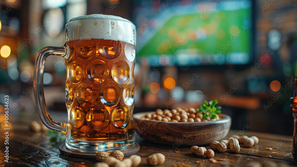 Beer Mug and Peanuts in Pub with Soccer on TV Beer Mug and Peanuts in Pub with Soccer on TV