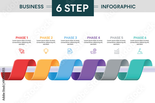 6 Step Ribbon Roll Infographic. 3D Vector Illustration For Business Financial Report.