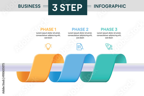 3 Step Ribbon Roll Infographic. 3D Vector Illustration For Business Financial Report.