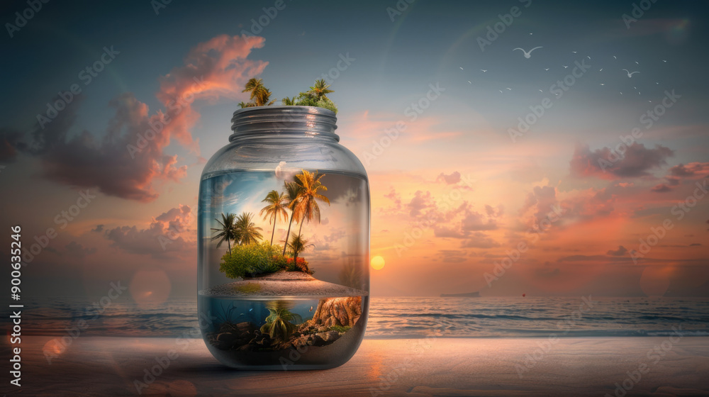 Tropical Island in a Jar at Sunset Tropical Island in a Jar at Sunset