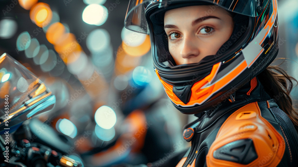 Beautiful Caucasian woman in a biker outfit, wearing black and orange leather, ready to ride a racing motorcycle. Beautiful Caucasian woman in a biker outfit, wearing black and orange leather, ready to ride a racing motorcycle.