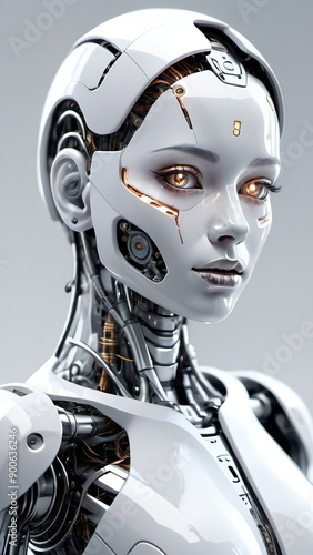 Beautiful artificial female robot humanoid with yellow romantic eyes portrait.