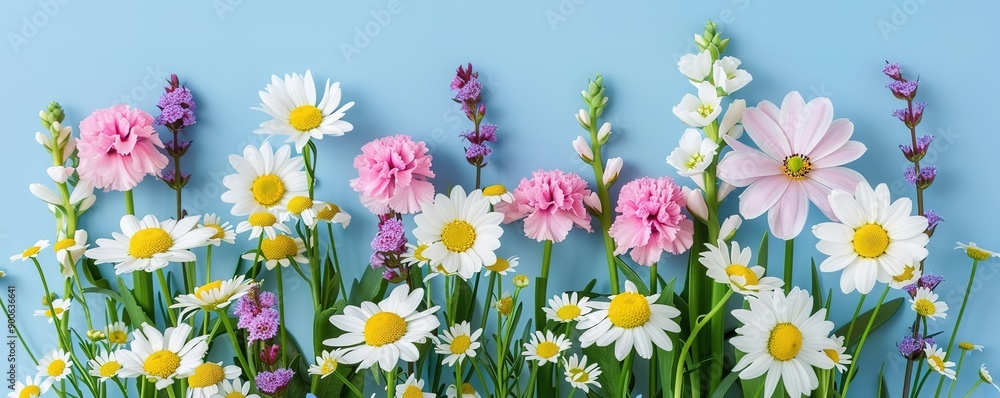 A collection of white, purple and pink flowers on a blue background A collection of white, purple and pink flowers on a blue background