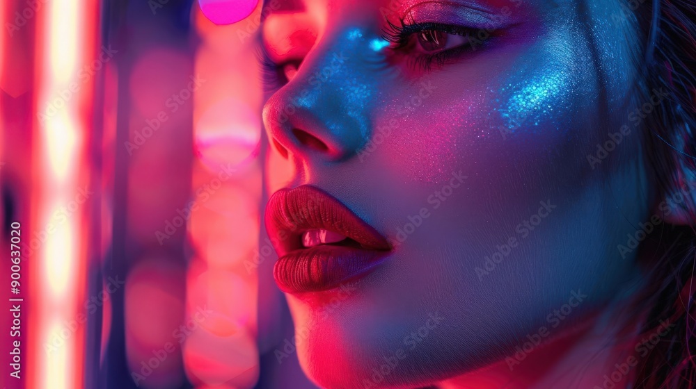 A close-up portrait of a woman with striking features illuminated by vibrant neon lights, showcasing color and beauty. A close-up portrait of a woman with striking features illuminated by vibrant neon lights, showcasing color and beauty.
