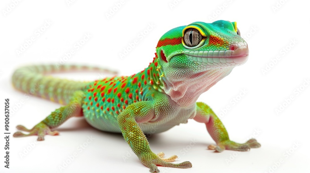 Fototapeta premium Green and Red Crested Gecko with White Background