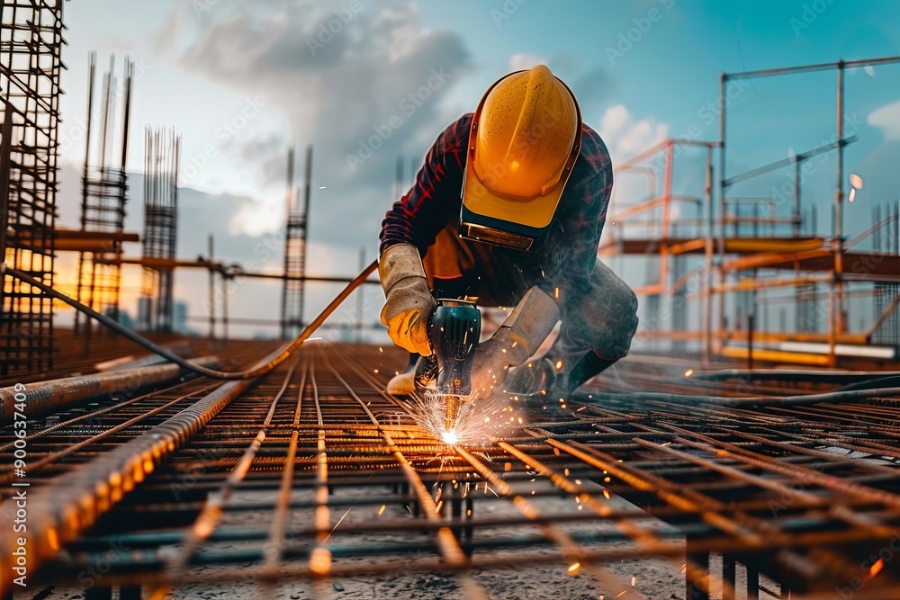 Construction Worker Welding Sparks Flying at Sunset on a Partially Completed Structure Construction Worker Welding Sparks Flying at Sunset on a Partially Completed Structure