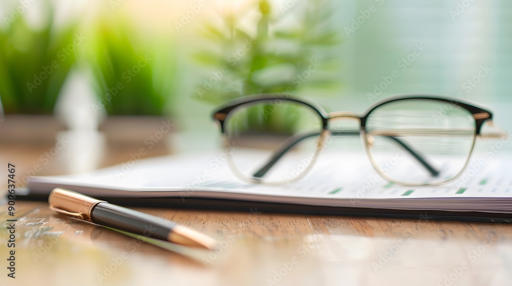 Fototapeta premium Clarity in Focus: Eyeglasses rest upon a contract, a pen poised nearby, hinting at important decisions and the clarity to make them.