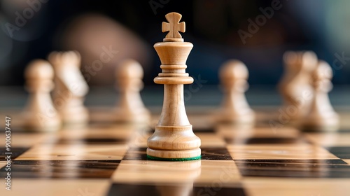 The King's Perspective: A lone chess king stands triumphant, embodying strategic brilliance and the thrill of victory on a classic wooden board. 