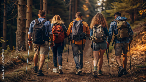 Wallpaper Mural A group of people enjoying a hike in the mountains, walking through the woods, including families, couples, and friends Torontodigital.ca