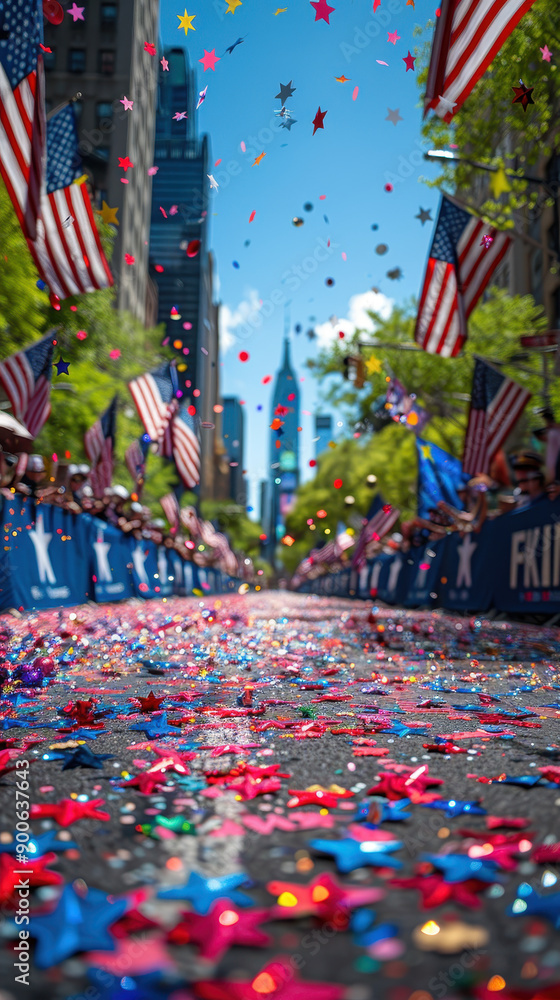Fototapeta premium Street filled with colorful star-shaped confetti and American flags during a lively parade in a bustling city