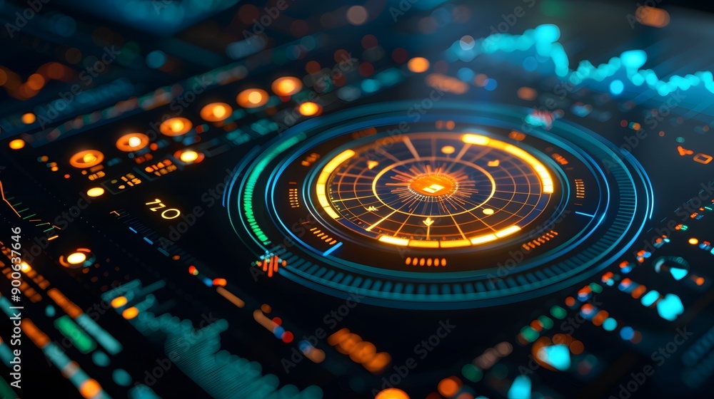 Futuristic Interface: A close-up of a futuristic interface with a glowing circular display, featuring vibrant blue, green, and orange accents, creating a sense of technological advancement and innovat Futuristic Interface: A close-up of a futuristic interface with a glowing circular display, featuring vibrant blue, green, and orange accents, creating a sense of technological advancement and innovat