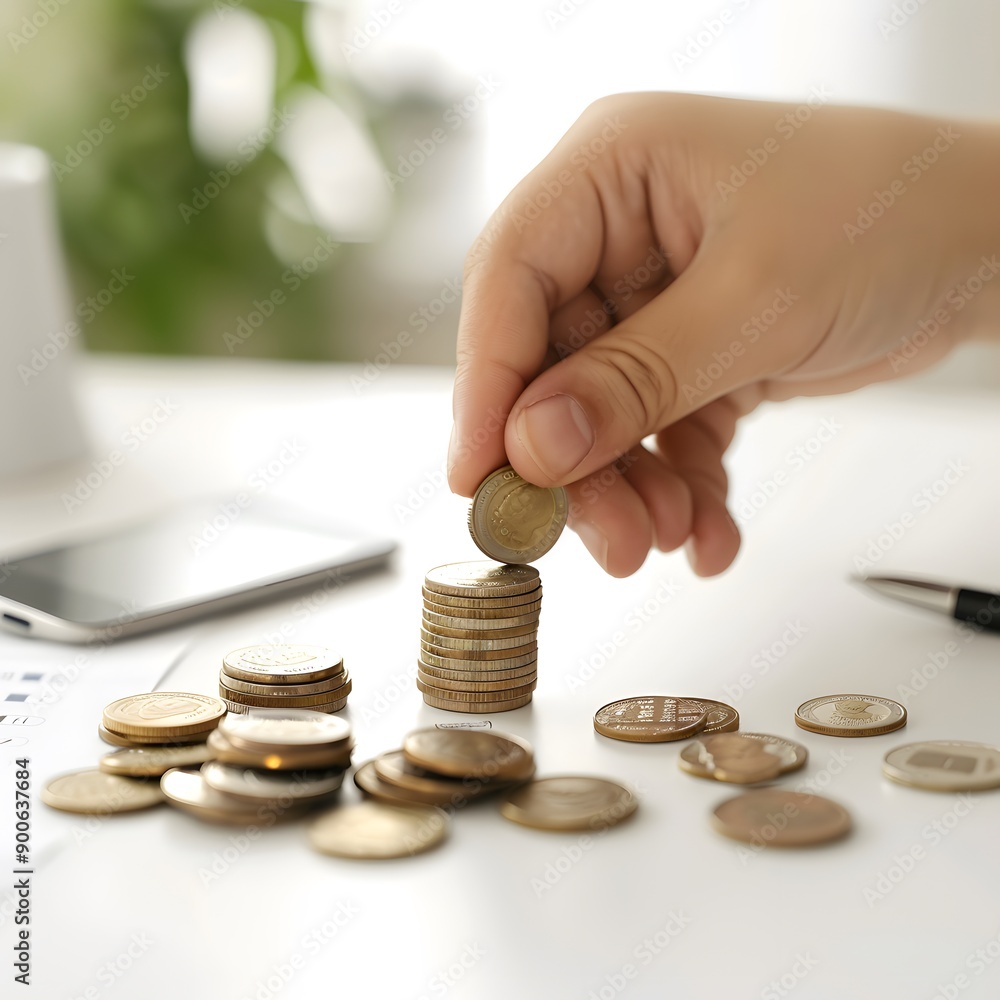 Building Financial Stability: A hand meticulously stacks coins, symbolizing savings, wealth creation, and financial planning. Building Financial Stability: A hand meticulously stacks coins, symbolizing savings, wealth creation, and financial planning.
