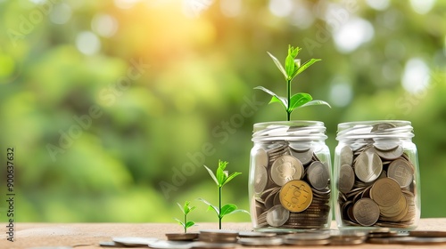 Growing Your Wealth: A visual metaphor for financial growth, with three glass jars filled with coins, each sprouting a small green plant, symbolizing the potential for prosperity and sustainable inves
