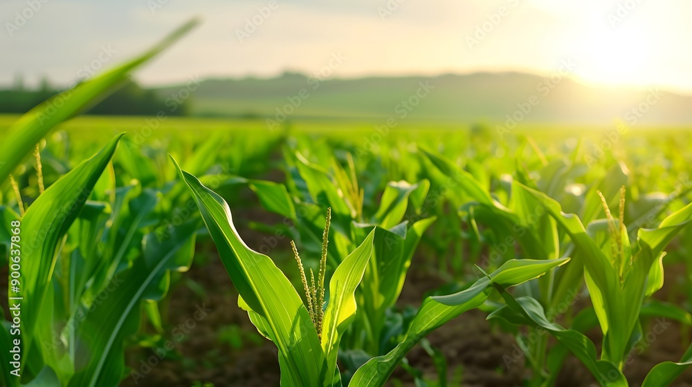 Golden Hour Cornfield: A vibrant field of corn plants basks in the warm glow of the setting sun, showcasing the beauty and tranquility of nature. Golden Hour Cornfield: A vibrant field of corn plants basks in the warm glow of the setting sun, showcasing the beauty and tranquility of nature.