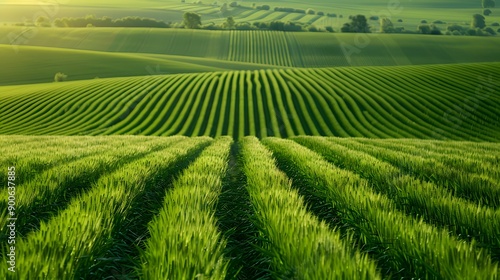 Wallpaper Mural Emerald Stripes of Dawn: Lush green fields stretch towards the horizon, bathed in the warm glow of sunrise.   Torontodigital.ca