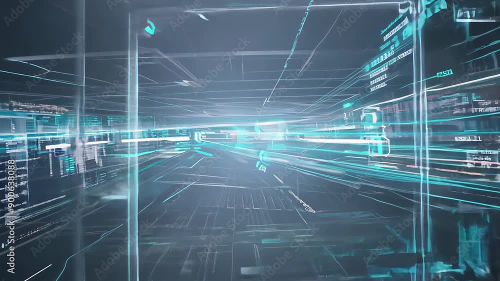 Futuristic digital corridor with glowing blue data streams and high-speed information flow. Futuristic digital corridor with glowing blue data streams and high-speed information flow.