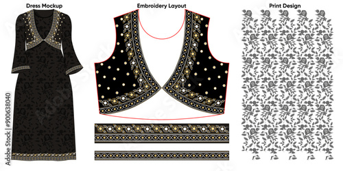 Neck embroidery design with all over print and dress template
