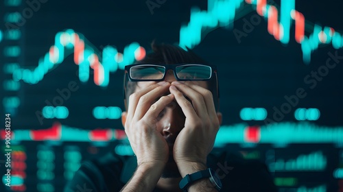Market Meltdown: Despair and Exhaustion - A young trader, overwhelmed by the plummeting stock market, grapples with stress and anxiety. 